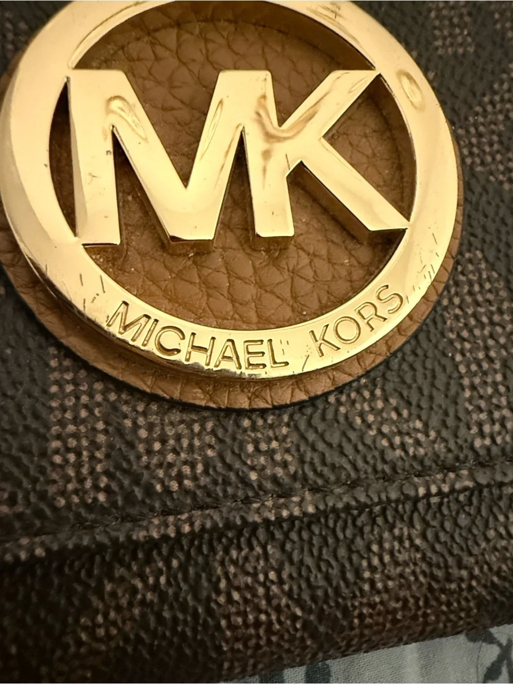 Michael Kors Brown Signature MK Fulton Continental Wallet with Gold Emblem